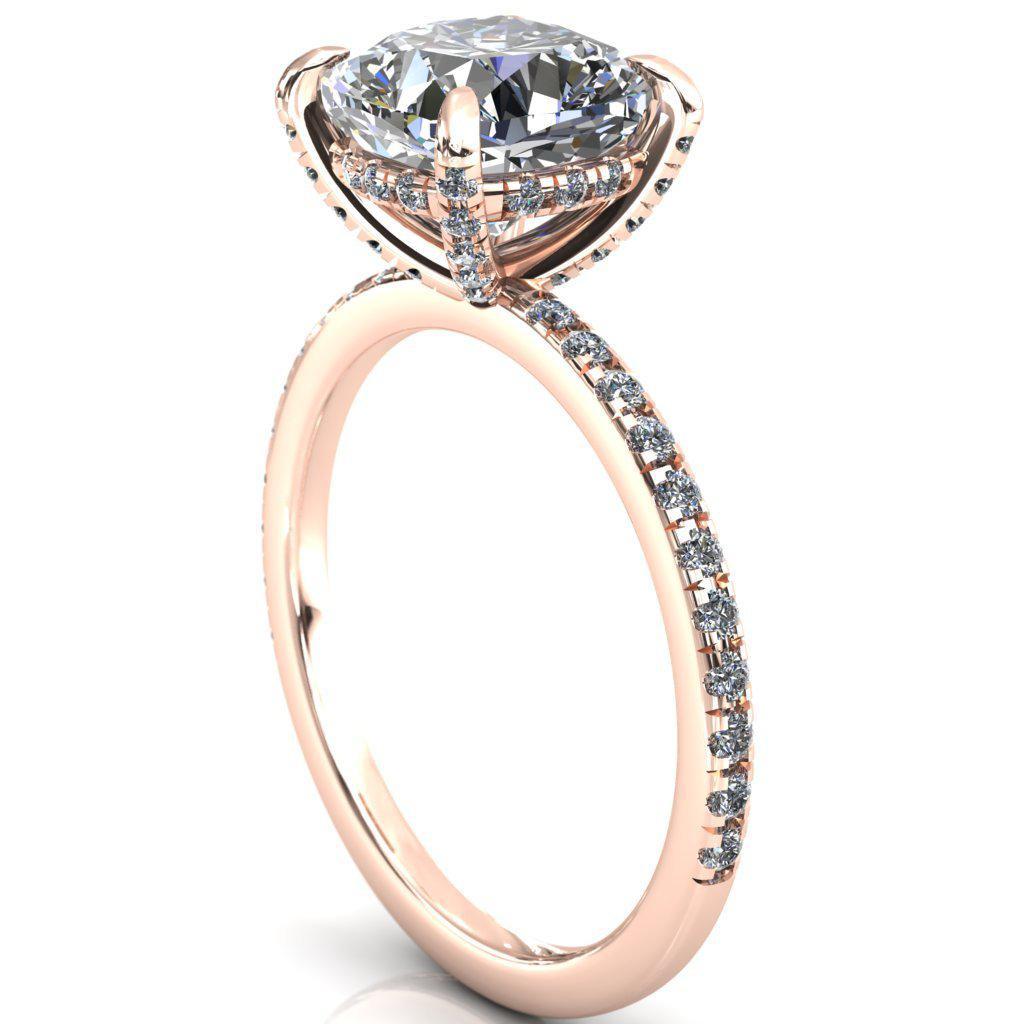 Ezili 8.5mm or 2.8 Cts. DEW Cushion Moissanite 4 Claw Prong Micro Pave Diamond Sides Engagement 14K Rose Gold Ring