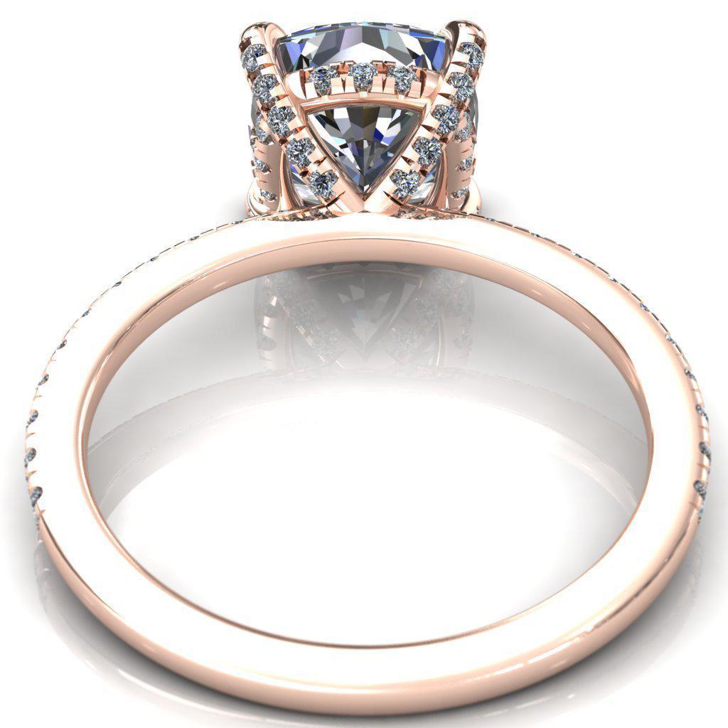 Ezili 8.5mm or 2.8 Cts. DEW Cushion Moissanite 4 Claw Prong Micro Pave Diamond Sides Engagement 14K Rose Gold Ring