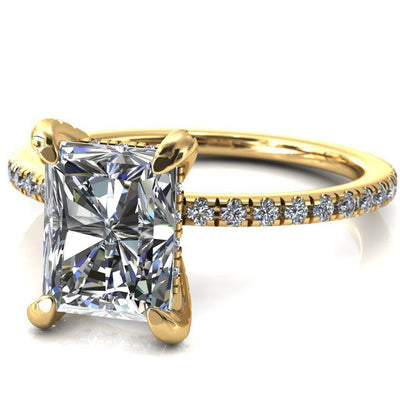Ezili 11x9mm or 5.3 Cts. DEW Radiant Moissanite 4 Claw Prong Micro Pave Diamond Sides Engagement 14K Yellow Gold Ring