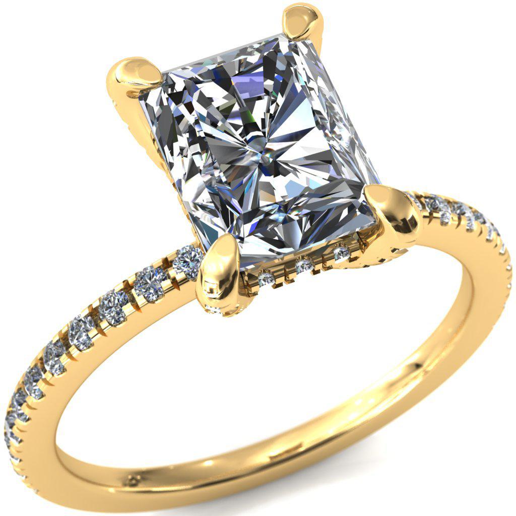 Ezili 11x9mm or 5.3 Cts. DEW Radiant Moissanite 4 Claw Prong Micro Pave Diamond Sides Engagement 14K Yellow Gold Ring