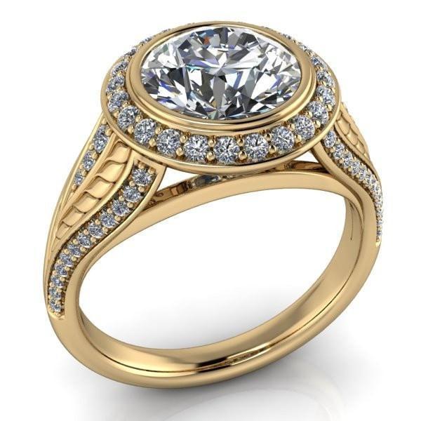 Jessica Round 7mm or 1.25 Cts. DEW Center Stone Bezel Set Halo Diamond Etched Design Cobra 18K Yellow Gold Ring