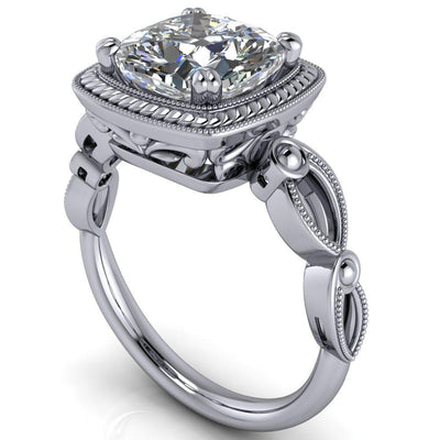 Rosemary 6.5mm or 1.3cts. DEW Crushed Ice Cushion Moissanite Serpentine Halo Under Bezel 4 Prong 14K White Gold Ring