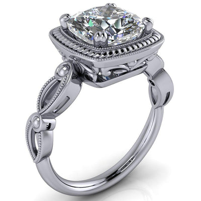 Rosemary 6.5mm or 1.3cts. DEW Crushed Ice Cushion Moissanite Serpentine Halo Under Bezel 4 Prong 14K White Gold Ring