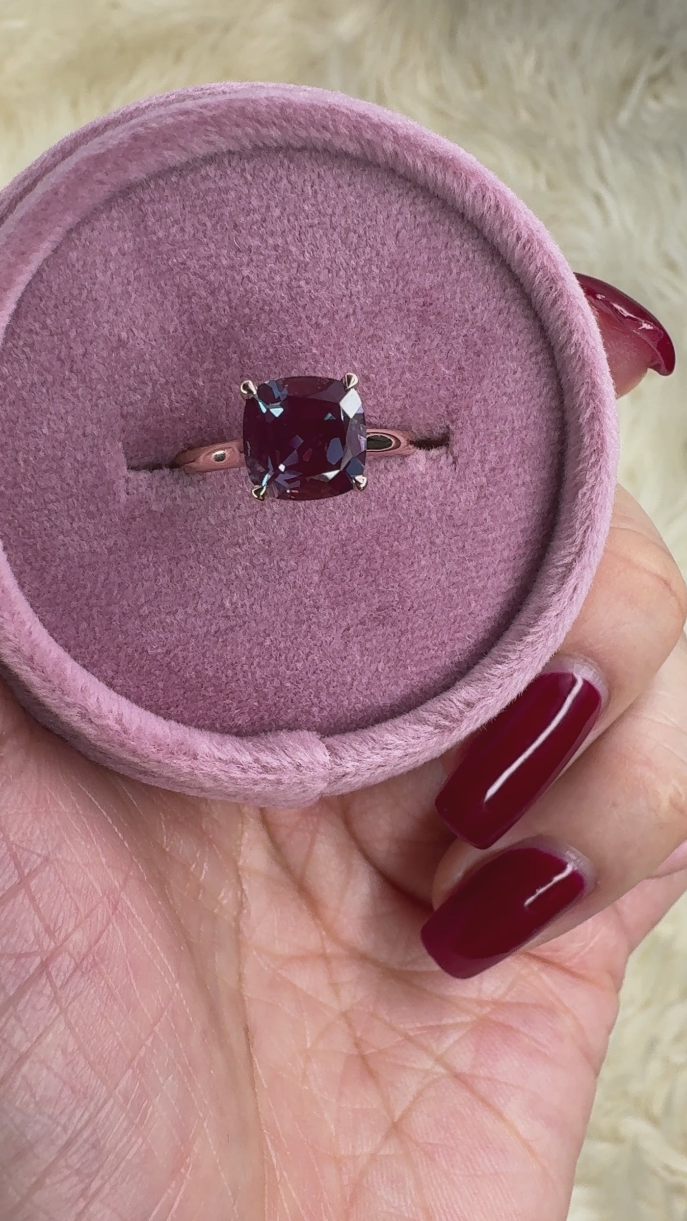 Janey Cushion Alexandrite 4 Prongs Claw Floating Halo Inverted Cathedral Ring