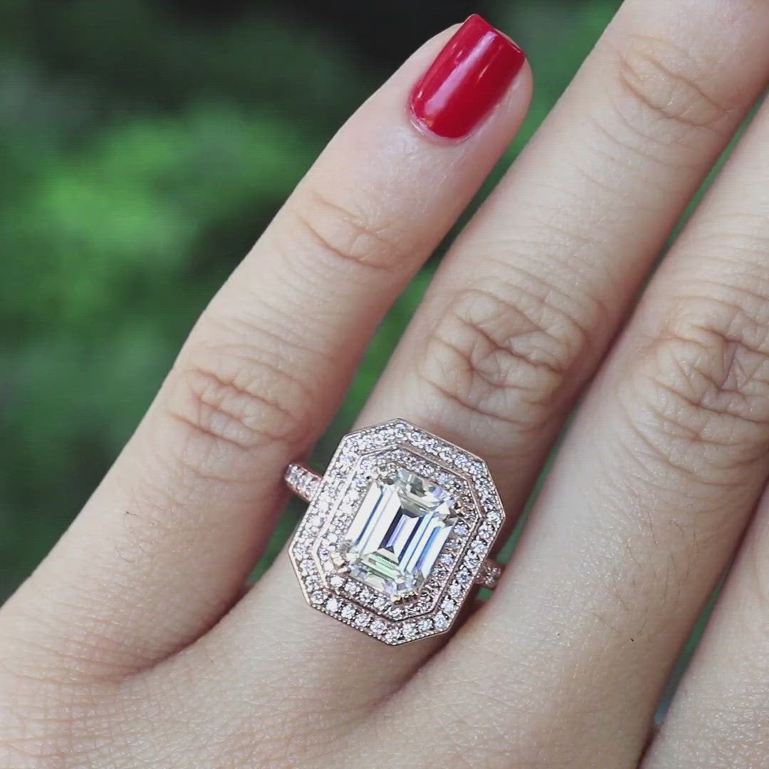 Esmeralda Emerald Center Stone Double Halo Diamond Ring