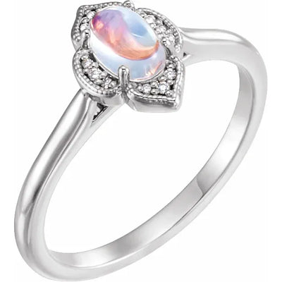 Oval Natural Rainbow Moonstone Ring with Diamond and Milgrain Accented Halo