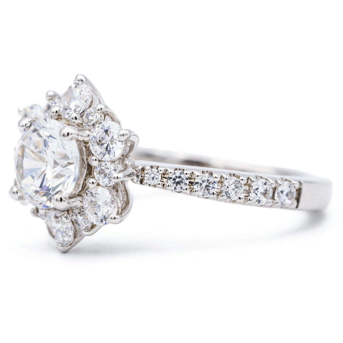 *6.5mm Round Moissanite 14K White Solid Gold Diamond Snowflake Halo Design Ring-Fire & Brilliance ® Creative Designs-Fire & Brilliance ®