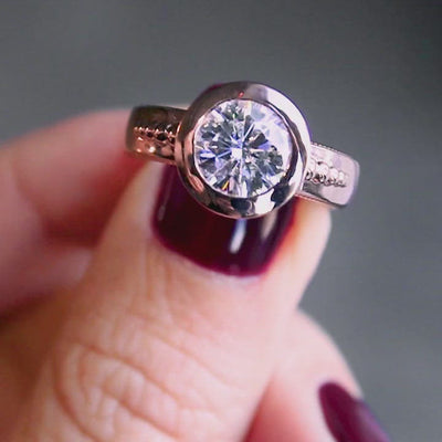 Athena Round Center Stone Thick Full Bezel Milgrain Accent Engagement Ring