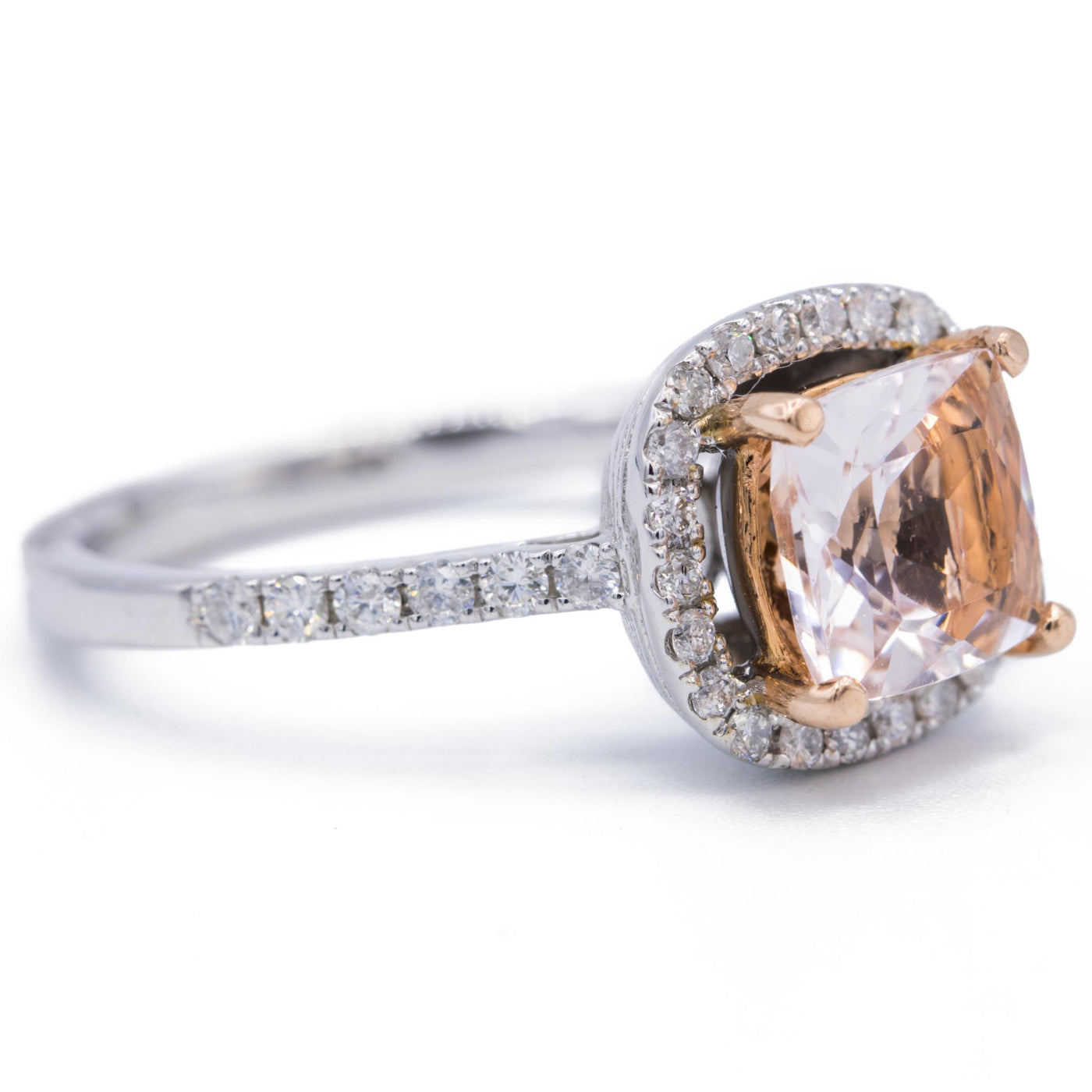 7mm Cushion Cut Morganite Center 14k Two-Tone Solid White Gold and Rose Gold Etched Detail Diamond Halo & Shoulders 1.75 Carat Total Weight-Fire & Brilliance ® Creative Designs-Fire & Brilliance ®
