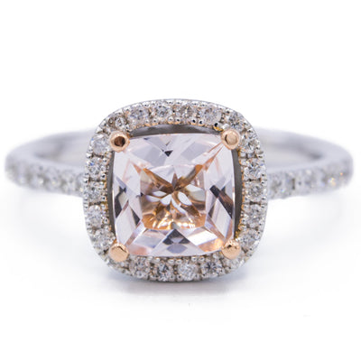 7mm Cushion Cut Morganite Center 14k Two-Tone Solid White Gold and Rose Gold Etched Detail Diamond Halo & Shoulders 1.75 Carat Total Weight-Fire & Brilliance ® Creative Designs-Fire & Brilliance ®