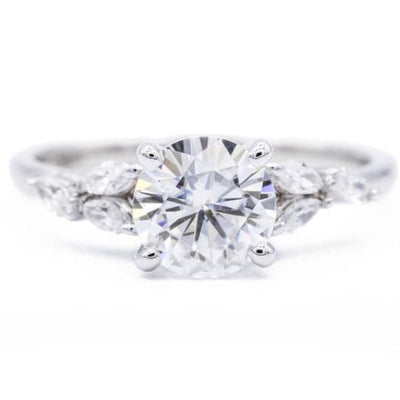 7mm Round Moissanite 14K White Gold Marquise Diamond Side Ring-Fire & Brilliance ® Creative Designs-Fire & Brilliance ®