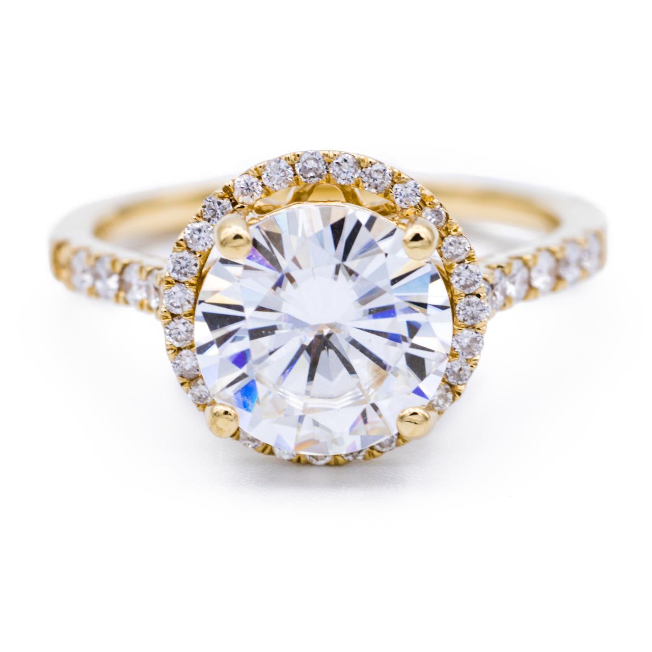 9mm Round Moissanite 14K Yellow Gold Micro Pave Halo Filigree Engagement  Ring