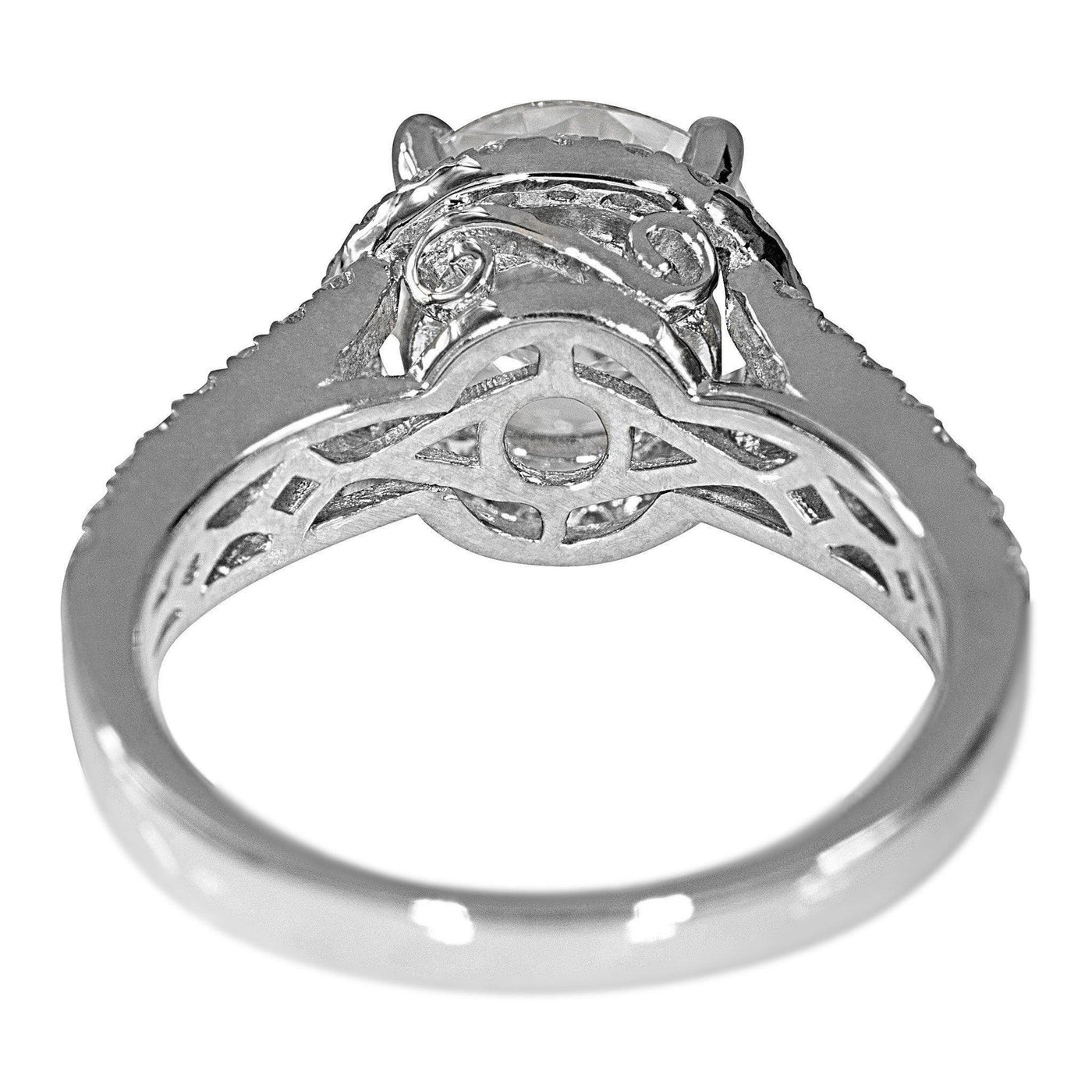 9mm Round Moissanite 14KW Thick Band with Diamond Shoulders and Halo Filigree Basket Design Ring-Fire & Brilliance ® Creative Designs-Fire & Brilliance ®