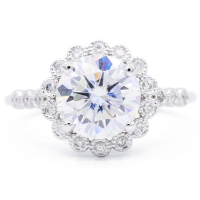 9mm Round Moissanite Milgrain Floral Halo Diamond Bezel 4 Prong 14K White Gold Ring-Fire & Brilliance ® Creative Designs-Fire & Brilliance ®
