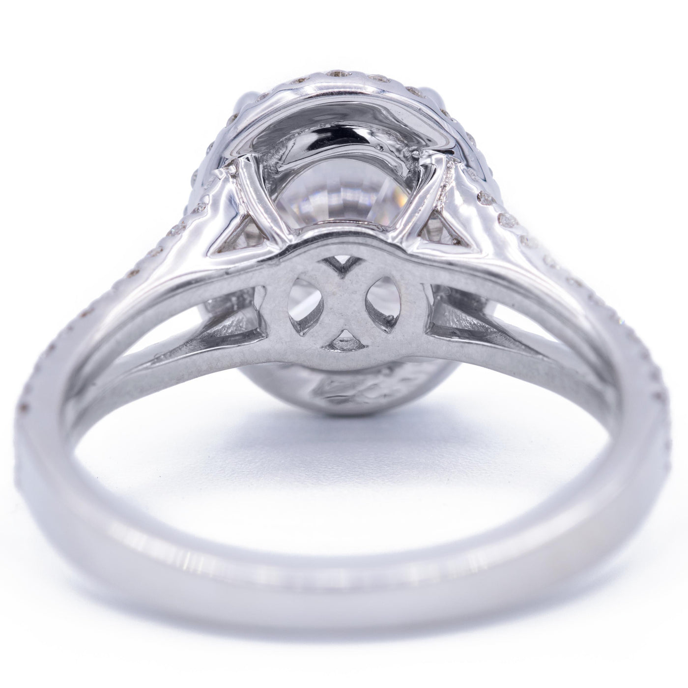 9x7mm Oval Moissanite 14K White Gold Halo Split Shank Diamond Ring-Fire & Brilliance ® Creative Designs-Fire & Brilliance ®