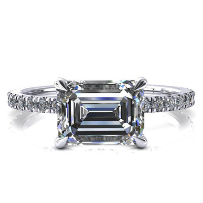 Alayna Emerald Moissanite East-West 4 Claw Prong 3/4 Micro Pave Diamond Accent Ring Engagement Ring-FIRE & BRILLIANCE