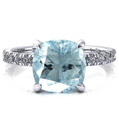 Alessi Cushion Aqua Blue Spinel 4 Claw Prong 3/4 Micro Pave Engagement Ring-FIRE & BRILLIANCE