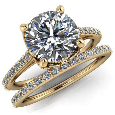 Amos Round Moissanite Filigree Basket Design and Diamond Cathedral Setting Ring-Custom-Made Jewelry-Fire & Brilliance ®