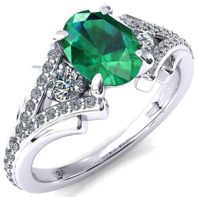 Arietis Oval Emerald 4 Prong 3/4 Bead Split Shank Diamond Accent Ring-FIRE & BRILLIANCE