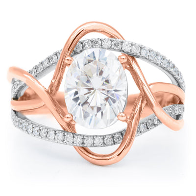 Atom 9x7mm Oval Moissanite 14K Two-Tone Rose and White Gold Weave Diamond Accent Ring-Fire & Brilliance ® Creative Designs-Fire & Brilliance ®