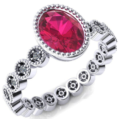 Borea Oval Ruby Milgrain Bezel Full Eternity Diamond Accent Ring-FIRE & BRILLIANCE