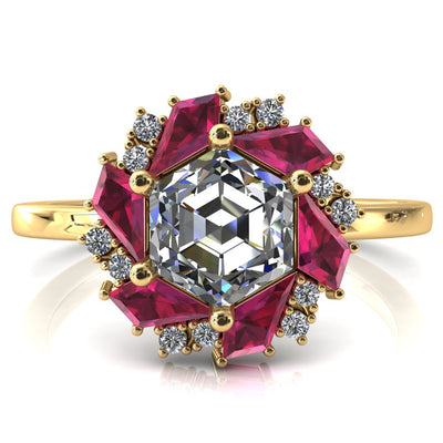 7.0mm Hexagon Center Kite Cut Ruby Cluster Halo Ring