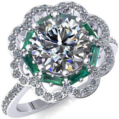 Camelia Round Moissanite Accent Diamond and Emerald Halo Ring-Custom-Made Jewelry-Fire & Brilliance ®