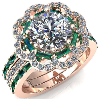 Camelia Round Moissanite Accent Diamond and Emerald Halo Ring-Custom-Made Jewelry-Fire & Brilliance ®
