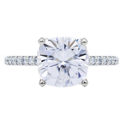 Cushion Moissanite 4 Prongs Diamond Accent Ice Cathedral Solitaire Ring-FIRE & BRILLIANCE
