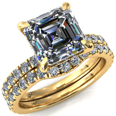 Daneli Asscher Moissanite 4 Claw Prong Micro Pave Diamond Sides Engagement Ring-FIRE & BRILLIANCE