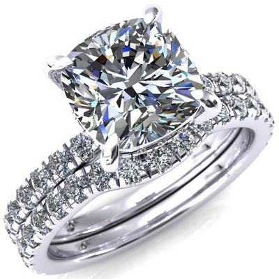 Daneli Cushion Moissanite 4 Claw Prong Micro Pave Diamond Sides Engagement Ring-FIRE & BRILLIANCE