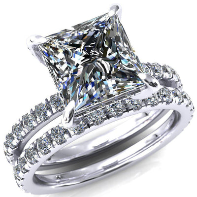 Daneli Princess/Square Moissanite 4 Claw Prong Micro Pave Diamond Sides Engagement Ring-FIRE & BRILLIANCE
