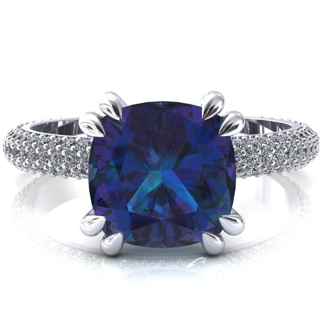 Elley Cushion Alexandrite 4 Claw Prong Diamond Accent Engagement Ring-FIRE & BRILLIANCE