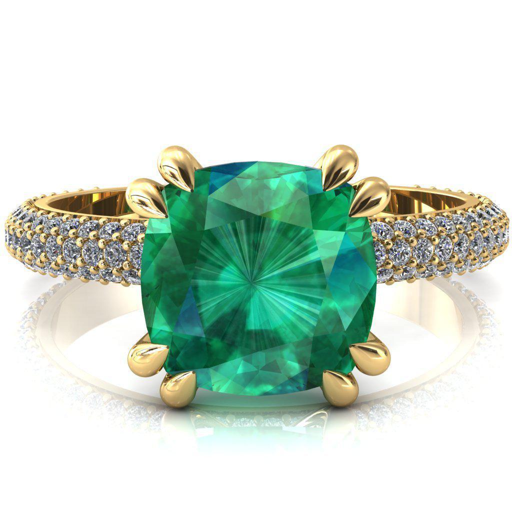 Elley Cushion Emerald 4 Claw Prong Diamond Accent Engagement Ring-FIRE & BRILLIANCE