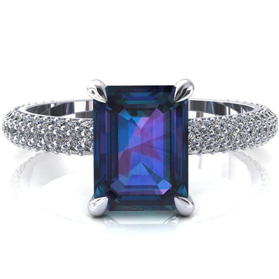 Elley Emerald Alexandrite 4 Claw Prong Diamond Accent Engagement Ring-FIRE & BRILLIANCE