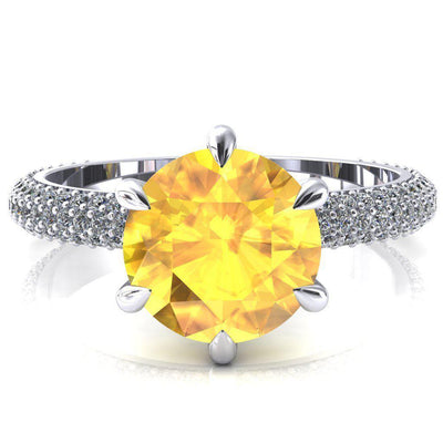 Elley Round Yellow Sapphire 6 Claw Prong Diamond Accent Engagement Ring-FIRE & BRILLIANCE