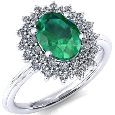 Eridanus Oval Emerald 4 Prong Diamond Cluster Halo Engagement Ring-FIRE & BRILLIANCE
