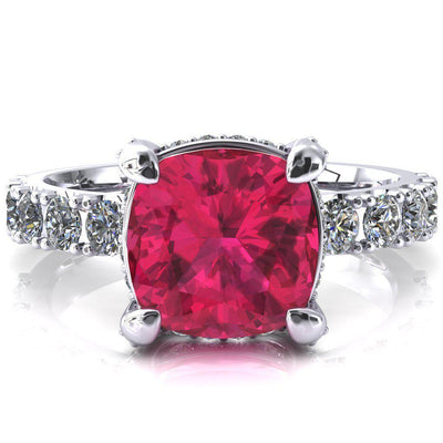 Grandeur Cushion Ruby 4 Prong Basket and Half Eternity Fire Ring-FIRE & BRILLIANCE