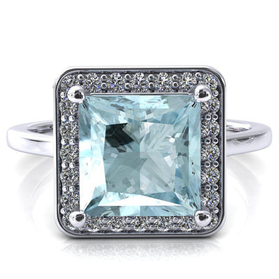 Holly Princess Aqua Blue Spinel 4 Prong Pinpoint Floating Halo Scalloped Cathedral Ring-FIRE & BRILLIANCE
