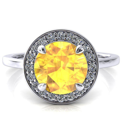 Holly Round Yellow Sapphire 4 Prong Pinpoint Floating Halo Scalloped Cathedral Ring-FIRE & BRILLIANCE