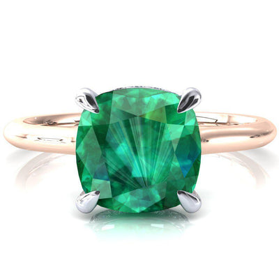 Janey Cushion Emerald 4 Prongs Claw Floating Halo Inverted Cathedral Ring-FIRE & BRILLIANCE