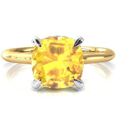 Janey Cushion Yellow Sapphire 4 Prongs Claw Floating Halo Inverted Cathedral Ring-FIRE & BRILLIANCE