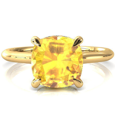 Janey Cushion Yellow Sapphire 4 Prongs Claw Floating Halo Inverted Cathedral Ring-FIRE & BRILLIANCE