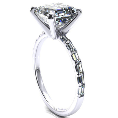 Judie Asscher Moissanite 4 V-Prong 1/2 Micropavé Baguette Diamond Accent Engagement Ring-FIRE & BRILLIANCE