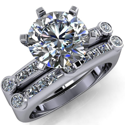 Judith Round Moissanite 6 Prong Center Diamond Channel Accent Full Bezel Ring-Custom-Made Jewelry-Fire & Brilliance ®