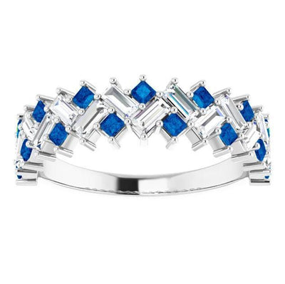 Juliette Blue Sapphire Princess Moissanite Baguette 1/2 Eternity Engagement or Anniversary Ring-FIRE & BRILLIANCE