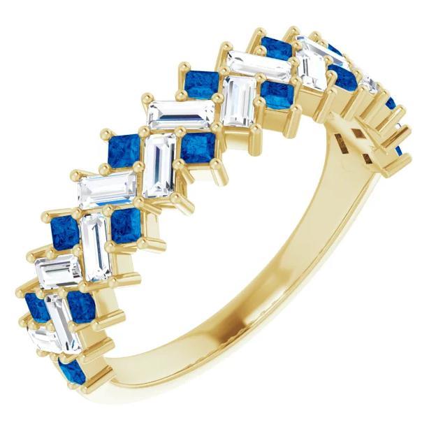 Juliette Blue Sapphire Princess Moissanite Baguette 1/2 Eternity Engagement or Anniversary Ring-FIRE & BRILLIANCE
