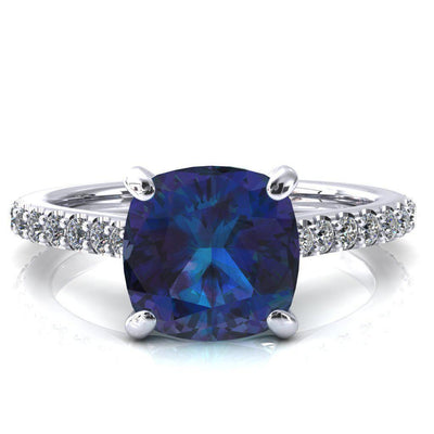 Kelsy Cushion Alexandrite 4 Prong 3/4 Shared Scalloped Inverted Cathedral Ring-FIRE & BRILLIANCE