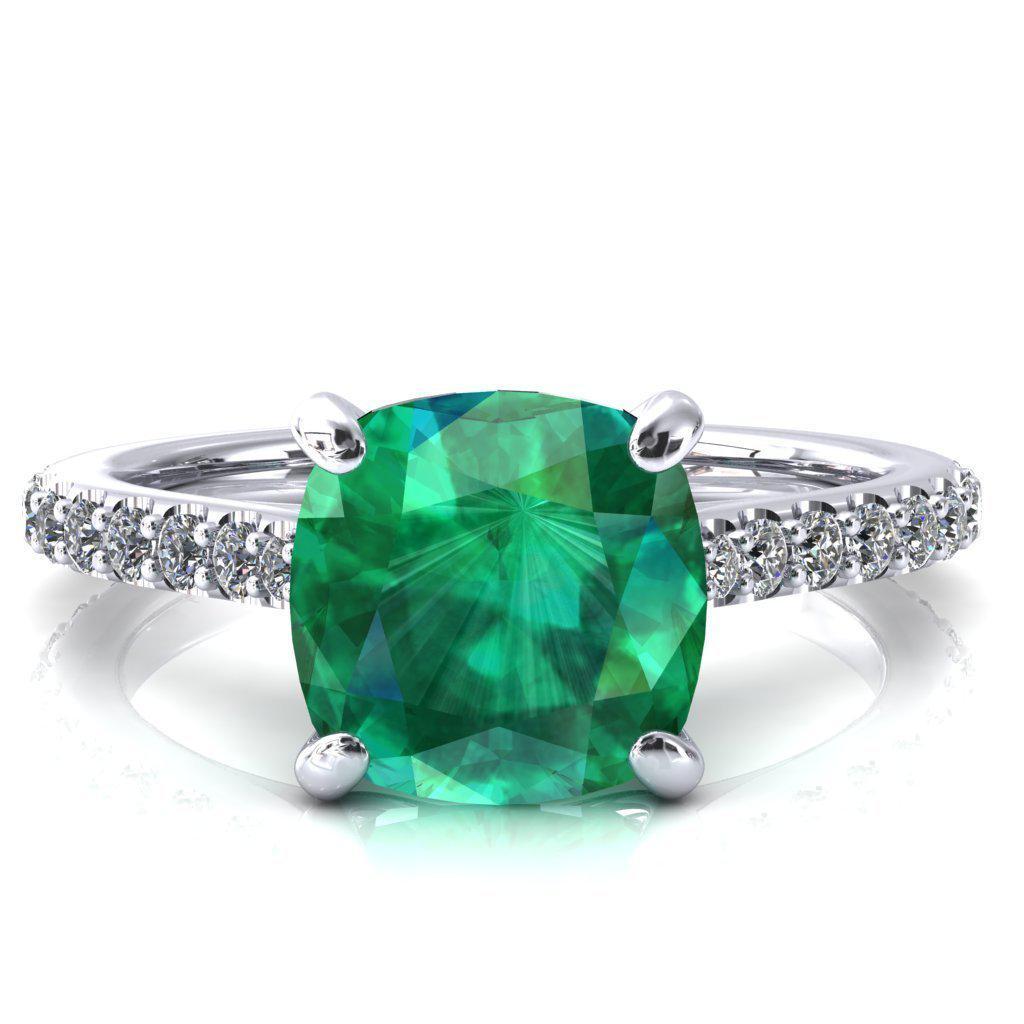 Kelsy Cushion Emerald 4 Prong 3/4 Shared Scalloped Inverted Cathedral Ring-FIRE & BRILLIANCE