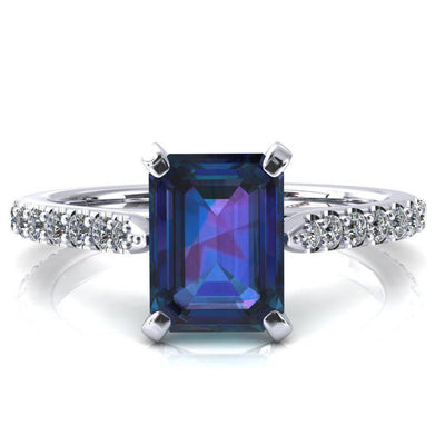 Kelsy Emerald Alexandrite 4 Prong 3/4 Shared Scalloped Inverted Cathedral Ring-FIRE & BRILLIANCE